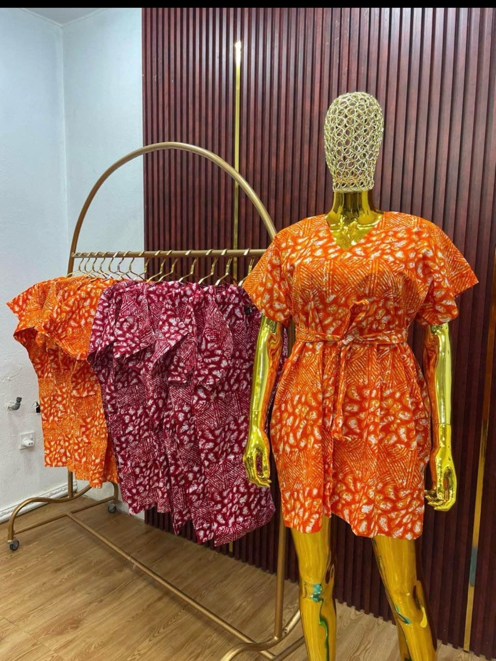 Women’s Orange Printed Short Dress with Waist Tie